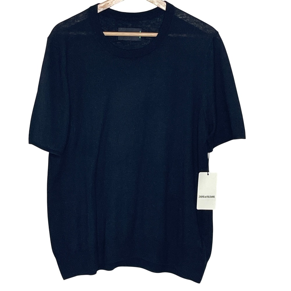 Zadig & Voltaire Ida CP Short Sleeve Sweater Noir Black KWSW01524 Womens L NEW